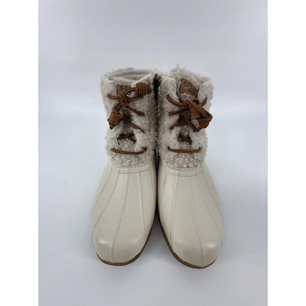 Sperry Saltwater Sherpa Duck Boots Waterproof‎ Lace Up Rain Booties Ivory 6.5